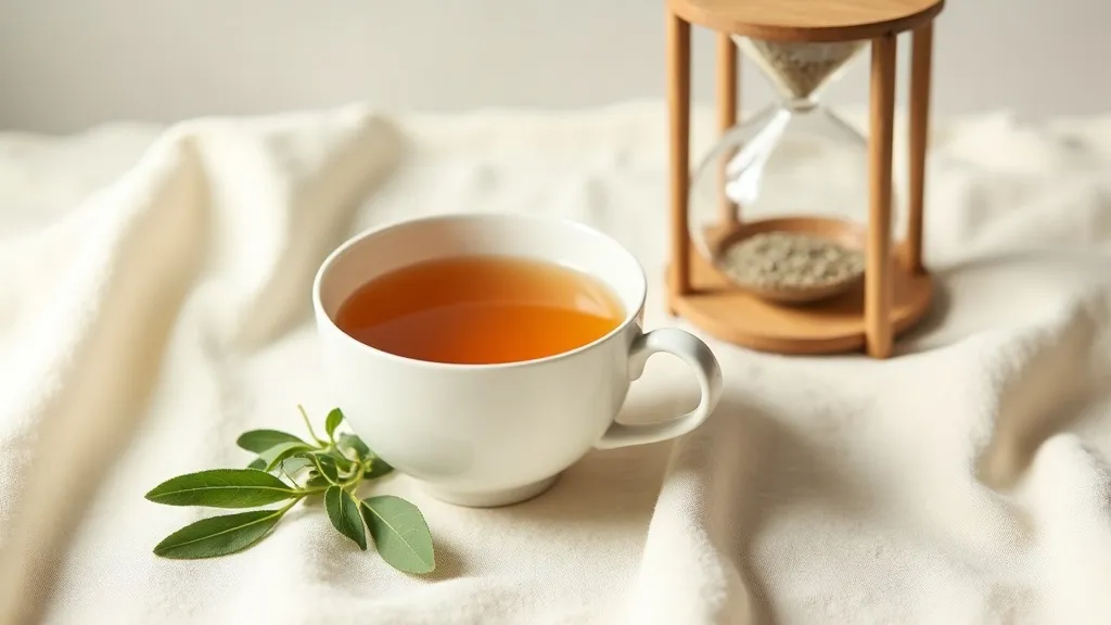 Nature morte douce : tasse de tisane, brin de sauge et petit sablier sur lin crème