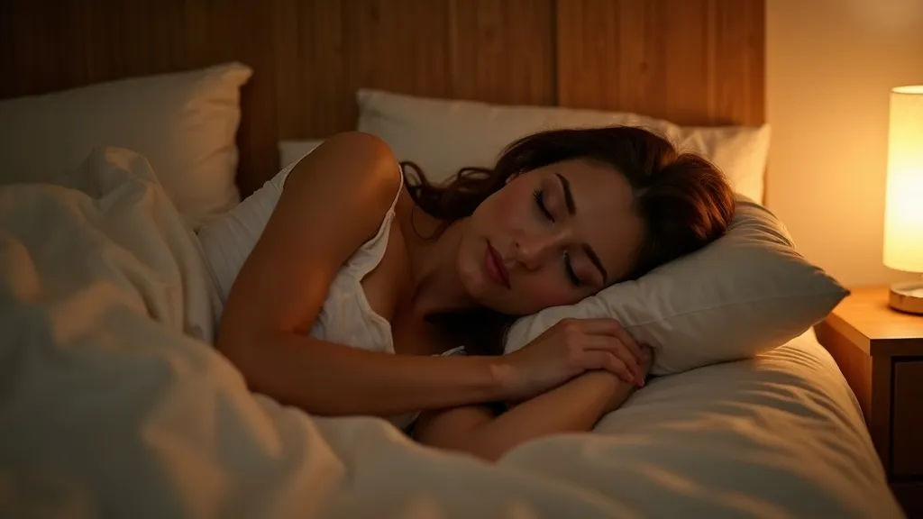 Chambre apaisante la nuit, femme au repos sous une lumière chaude tamisée